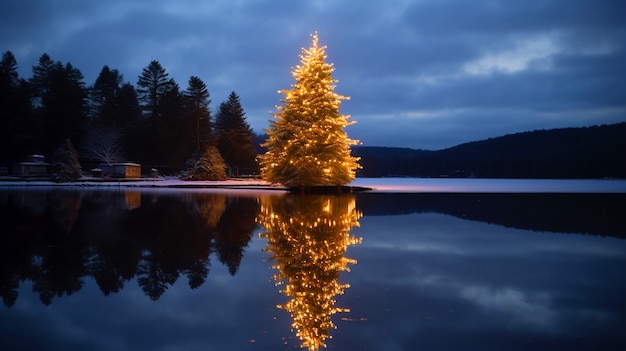 Free Photo beautiful christmas tree by lake