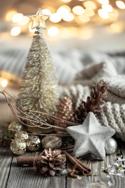 Free Photo christmas composition with decor details on blurred background with bokeh