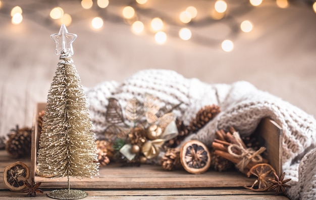 Free Photo christmas festive decor still life on wooden background, concept of home comfort and holiday