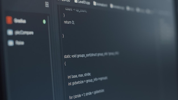Free Photo closeup of computer screen of software developer typing programming language in it startup agency. display concept of system engineer writing source code. scrolling text of database functions script.