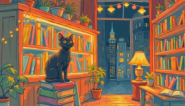 Free Photo cozy cat in a bookstore