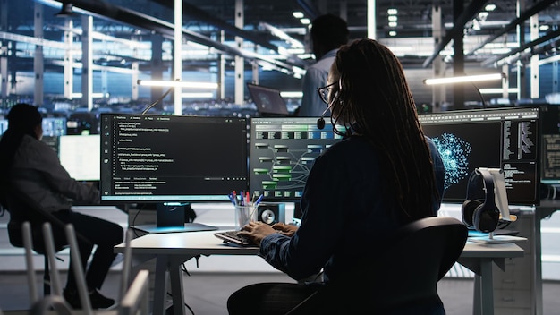 Free Photo data center expert examines node tree interface delivering technical support