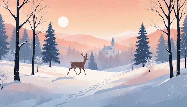 Free Photo a deer is standing in the snow with a church in the background