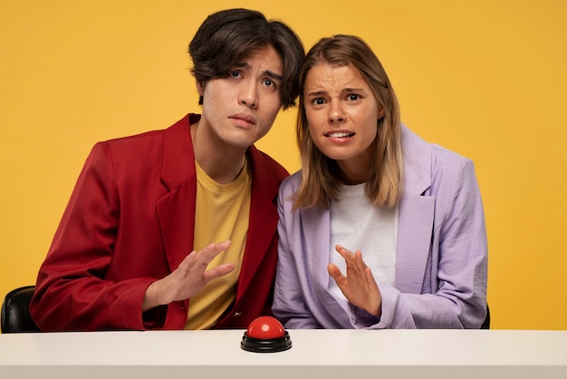 Free Photo front view people scared to press a buzzer