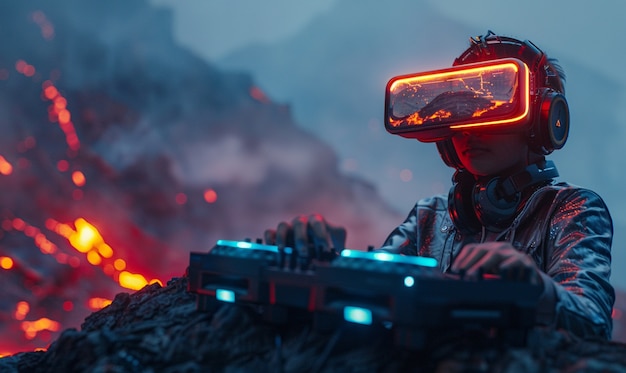Free Photo futuristic dj using virtual reality glasses to headline party and play music