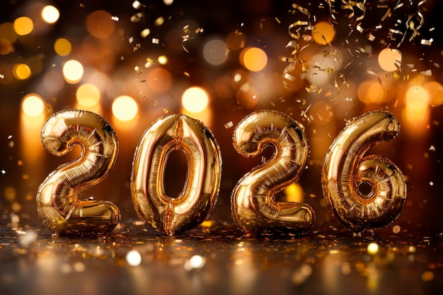 Free Photo golden foil balloons forming the number 2026 floating against a festive new year