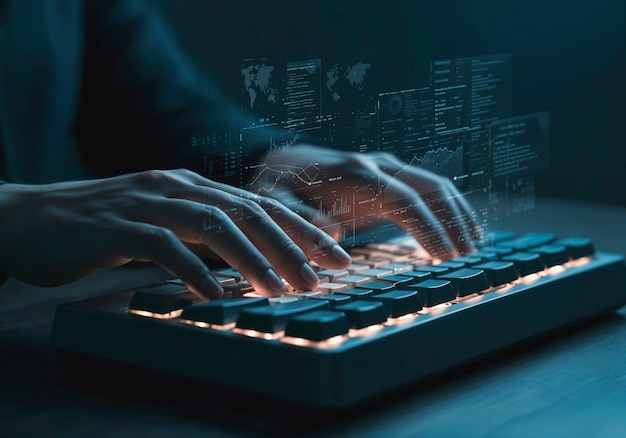 Free Photo hacker using a computer keyboard with data visualization