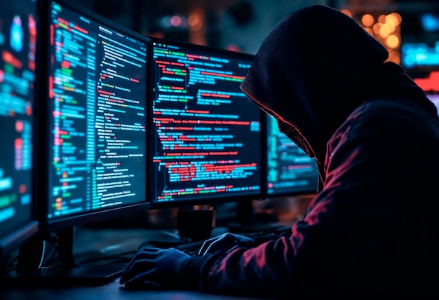 Free Photo hacker working on computer with code