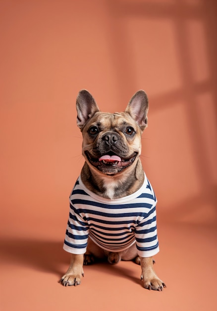 Free Photo happy french bulldog in striped shirt
