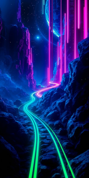 Free Photo neon path through mountains in space