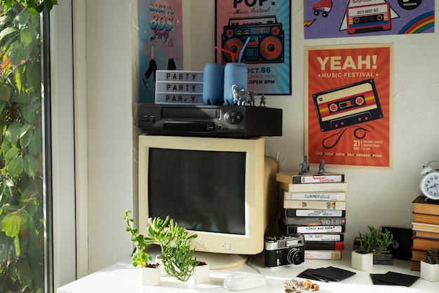 Free Photo old vhs packaging and computer
