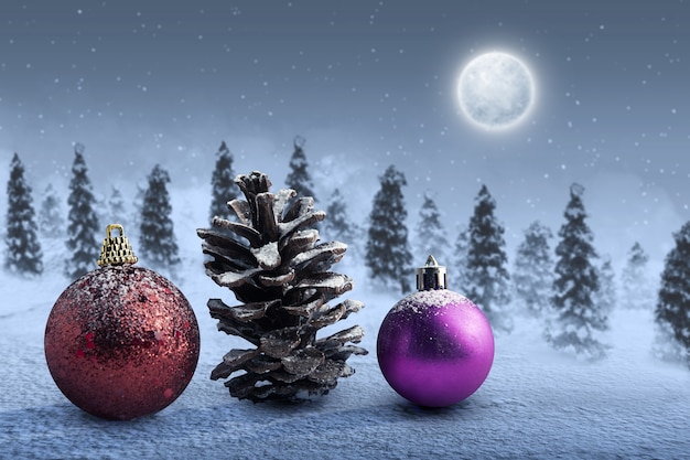 Free Photo pinecone and christmas ball on the snow with snowy fir trees at night background. christmas decoration