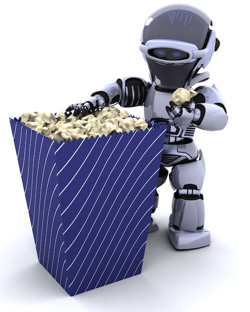 Free Photo robot with a box of popcorn