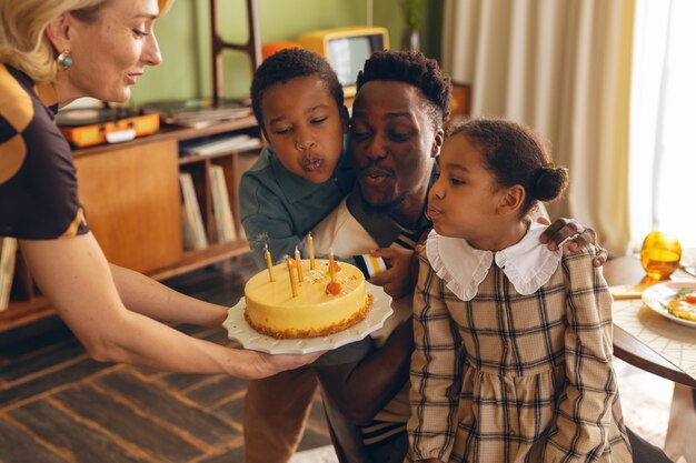 Side view modern family in retro style