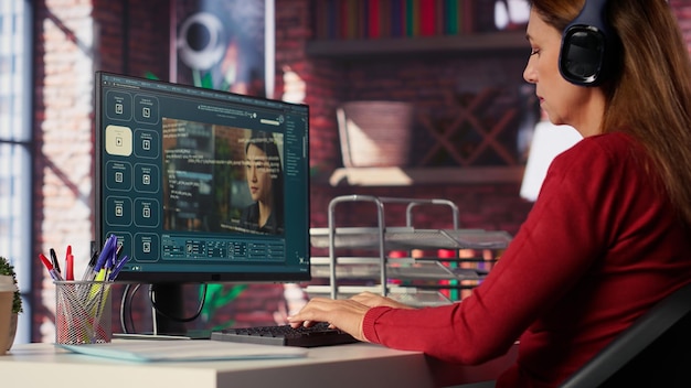 Free Photo software developer at home office coding on desktop using ai powered script