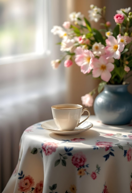 Free Photo tea cup and flowers on a floral tablecloth