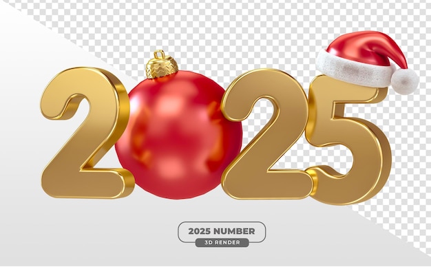 Free PSD 2025 gold numbers with hanging red ball in 3d render with transparent background