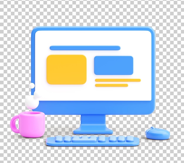Free PSD 3d computer desk scene with website or dashboard layout on screen representing ui ux design and digital workspace