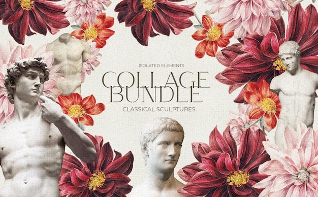 Free PSD beautiful collage composition with vintage sculptures and flowers