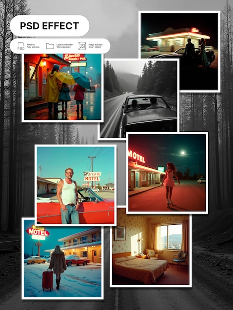 Free PSD cinematic scenes of a road trip collage effect