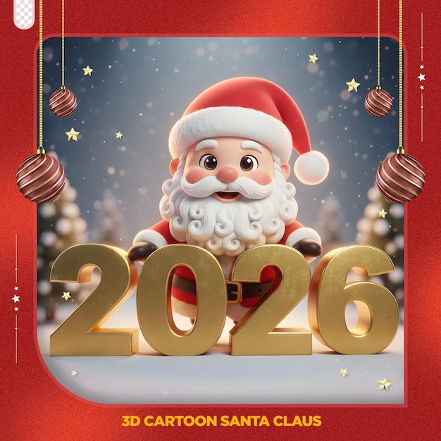 Free PSD cute 3d santa claus with golden 2026 for new year and christmas