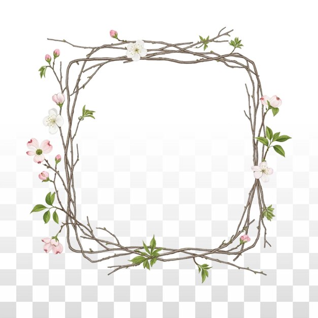 Free PSD delicate floral square frame with pink and white spring blossoms and branches