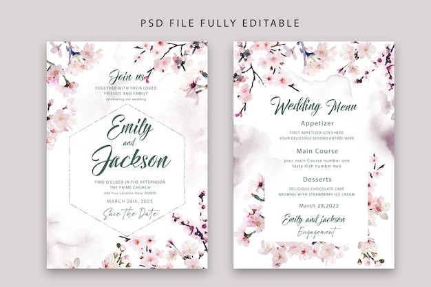 Free PSD elegant blossom watercolor psd floral wedding invitation