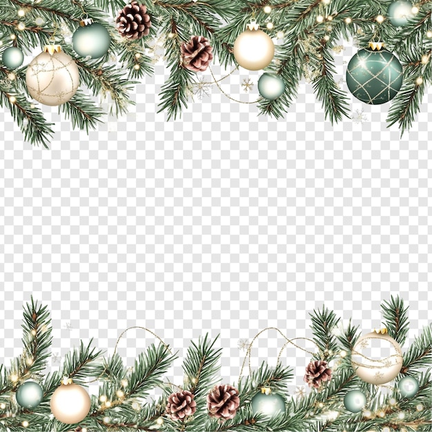 Free PSD elegant christmas border design with pine branches ornaments and lights