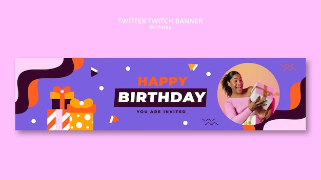 Free PSD flat design birthday celebration twitch banner