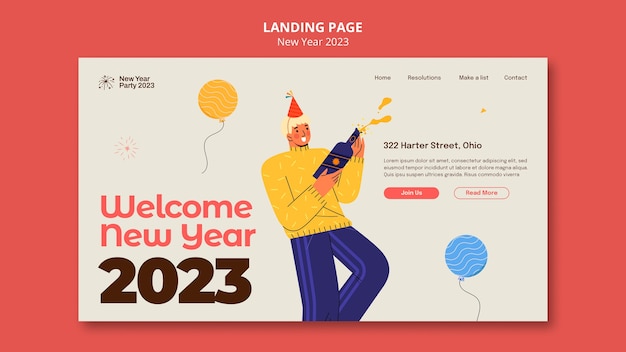 Free PSD flat design new year celebration landing page template