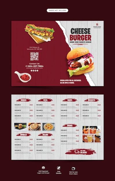 Free PSD food menu and restaurant bifold brochure template
