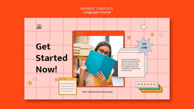 Free PSD foreign language classes horizontal banner template in computer interface style