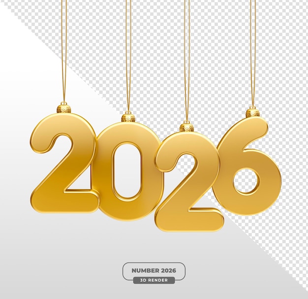 Free PSD golden hanging 2026 numbers in 3d render with transparent background