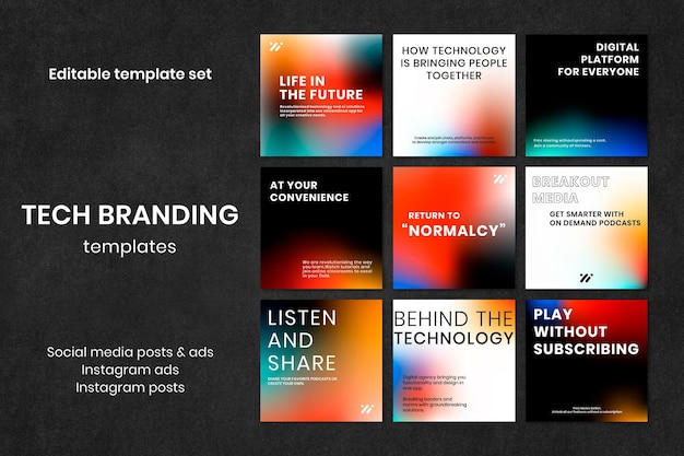 Free PSD gradient tech marketing template psd social media post set