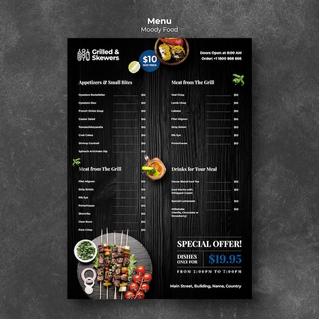 Free PSD grilled food and veggies restaurant menu template