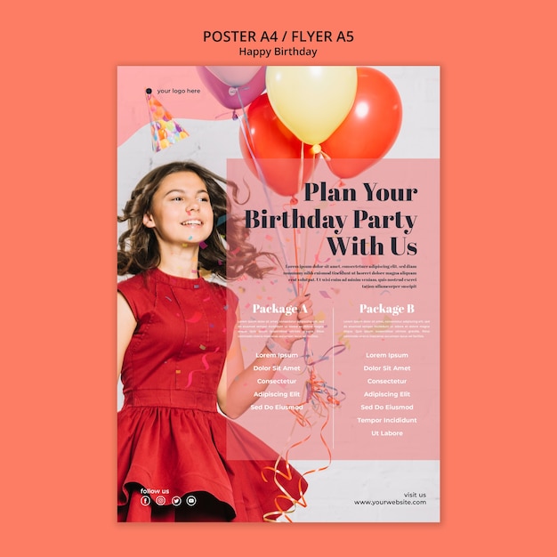 Free PSD happy birthday flyer with girl holding balloons
