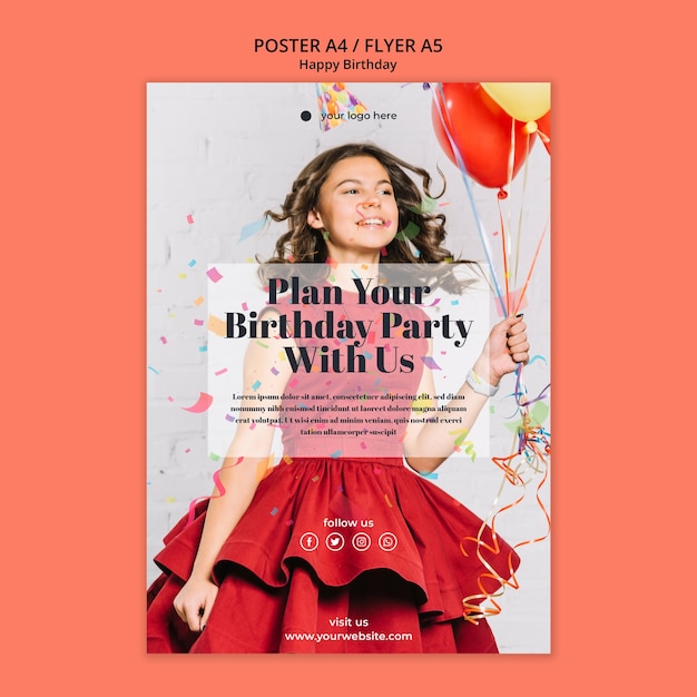 Free PSD happy birthday flyer with girl in red dress
