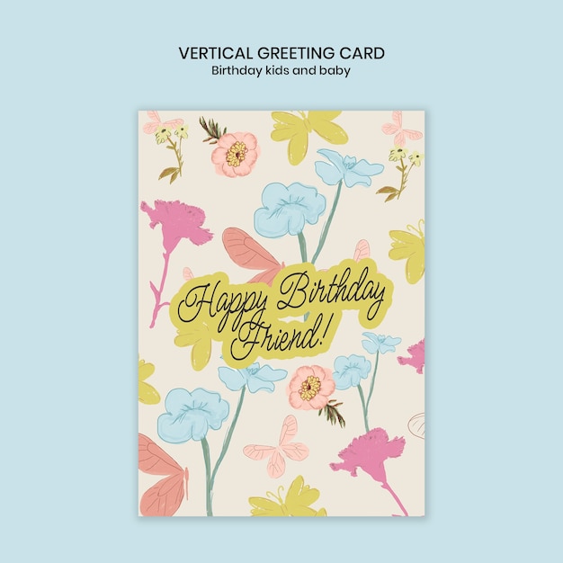 Free PSD happy birthday friend greeting card with floral design for kids and baby.