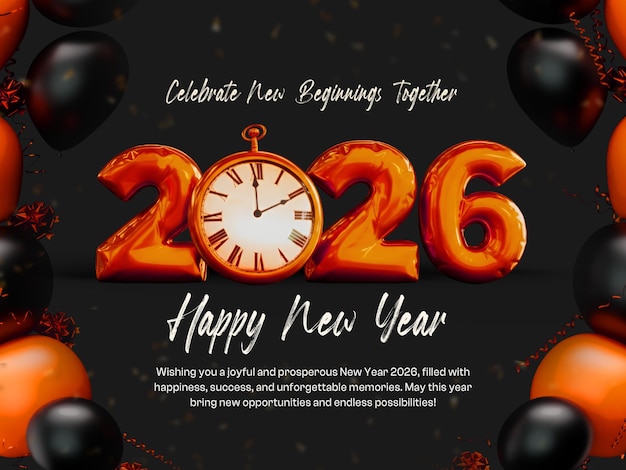 Free PSD happy new year 2026 foil balloons 3d banner design template