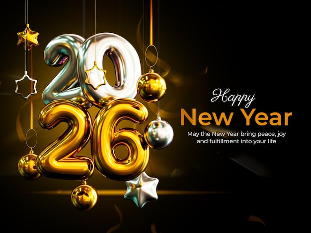 Free PSD happy new year 2026 foil balloons 3d banner design template