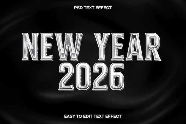 Free PSD happy new year 2026 metal chrome editable text effect