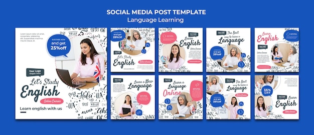 Free PSD language learning social media posts design template