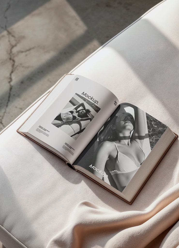 Free PSD magazine mockup with female bikini photos