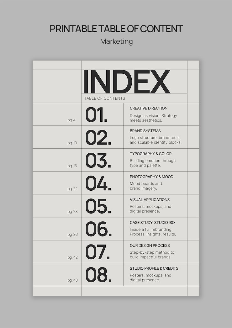 Free PSD printable marketing table of contents index template