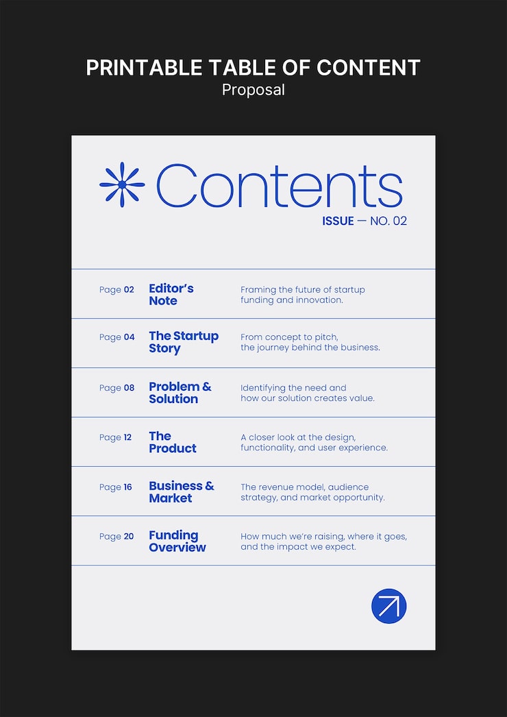 Free PSD printable table of content for proposal template