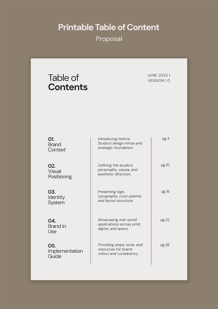 Free PSD printable table of contents for a branding proposal template