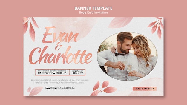Free PSD rose gold wedding invitation horizontal banner template with leaves
