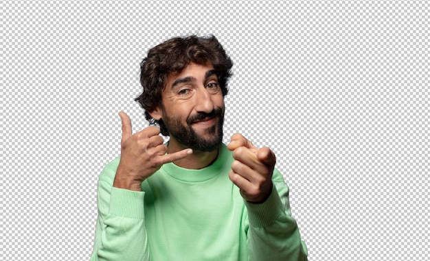 Free PSD smiling cheerfully and pointing to camera while making a call you later gesture talking on phone