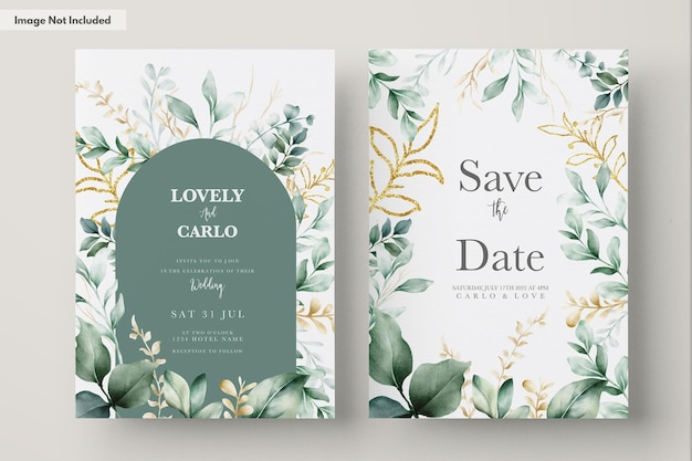 Free PSD watercolor wedding invitation card in green leaves and gold ornament