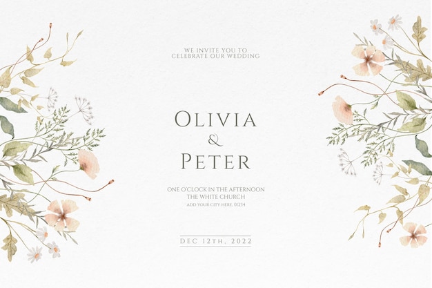 Free PSD watercolor wedding invitation card with delicate flowers